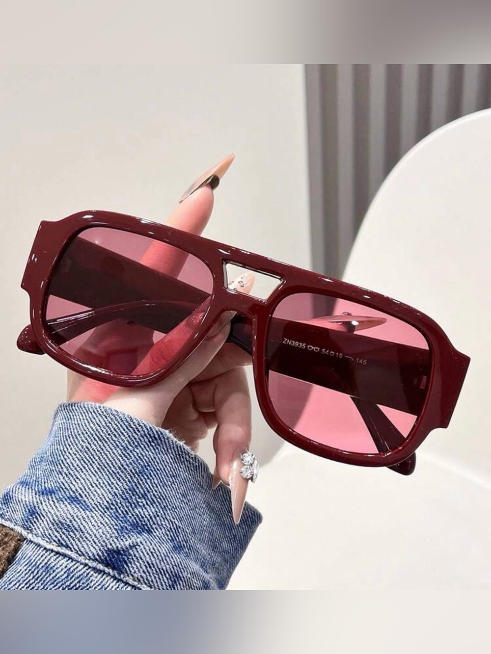 Burgundy Oversized Square Sunglasses with Pink Lenses